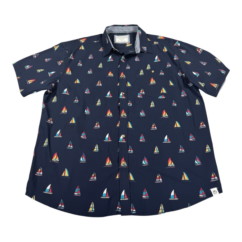 Free Planet Mens 2X Sailboat Print Shirt Navy Blue Cotton Short Sleeve Coastal